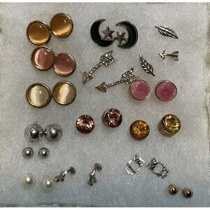 15 Pairs of Earrings, Faux Pear, Silver and Gold Tone Studs, Sparkly, Moonglow